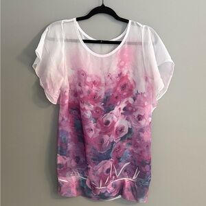 Maurices White and Pink Floral Ombre Chiffon Blouse